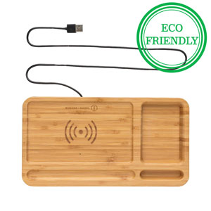 Bamboo Desk Organiser 10W Wireless Charger - 10W wireless fast charger with desk organiser made with RCS (Recycled Claim Standard) certified recycled ABS.